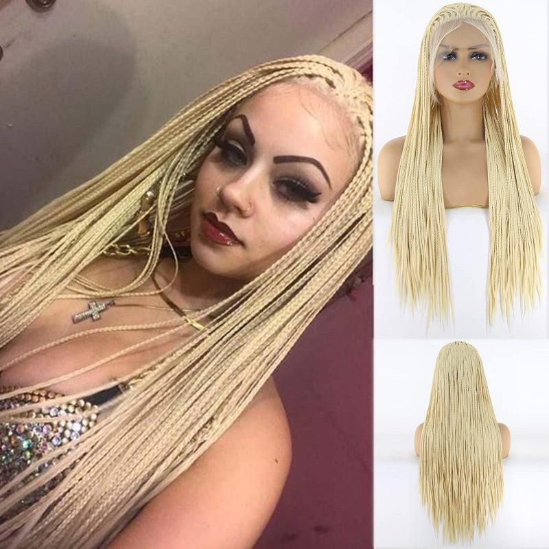 BTWTRY Blonde 613 Micro Braided Synthetic Lace Front Wig for Black Women African American Long Braided Artificial Hair Braids Wigs with Baby Hair Natural Hairline 24Inch 613 Color